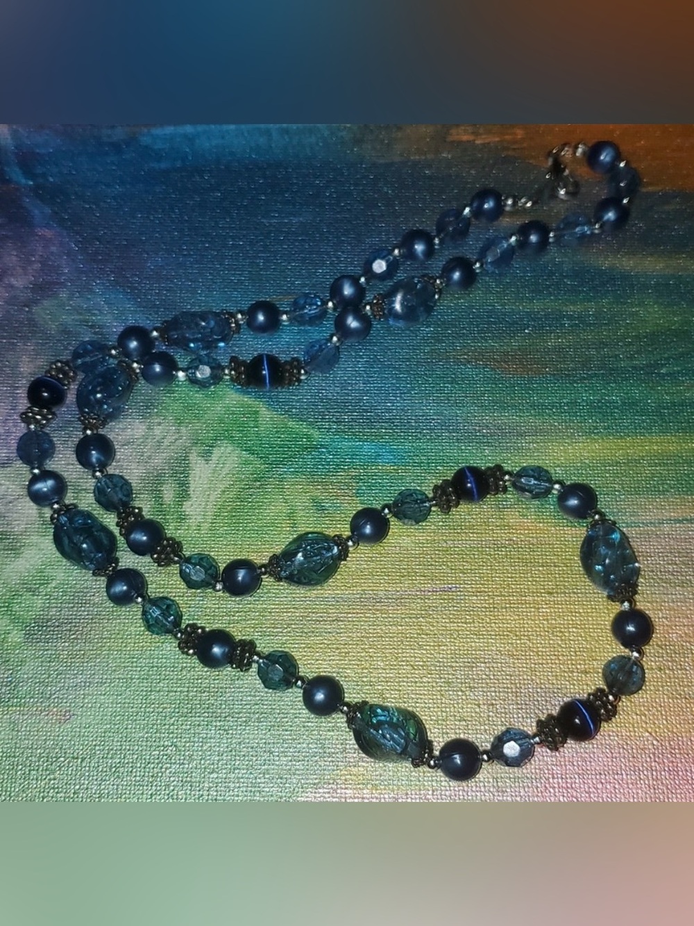 Vintage Necklace Blue Cats Eye glass chunky & faceted acrylic beads, faux pearl